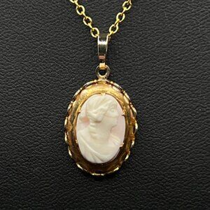 Antique Pink Shell Hand-Carved Cameo Pendant on Gold Chain SOME DAMAGE